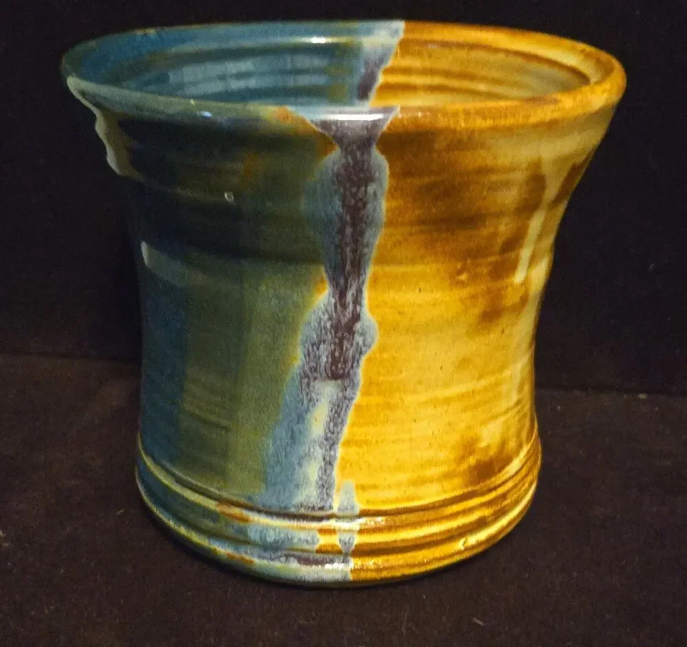 Art Pottery Ceramic Round Planter Cachepot Blue Brown Drip Glaze Glossy
